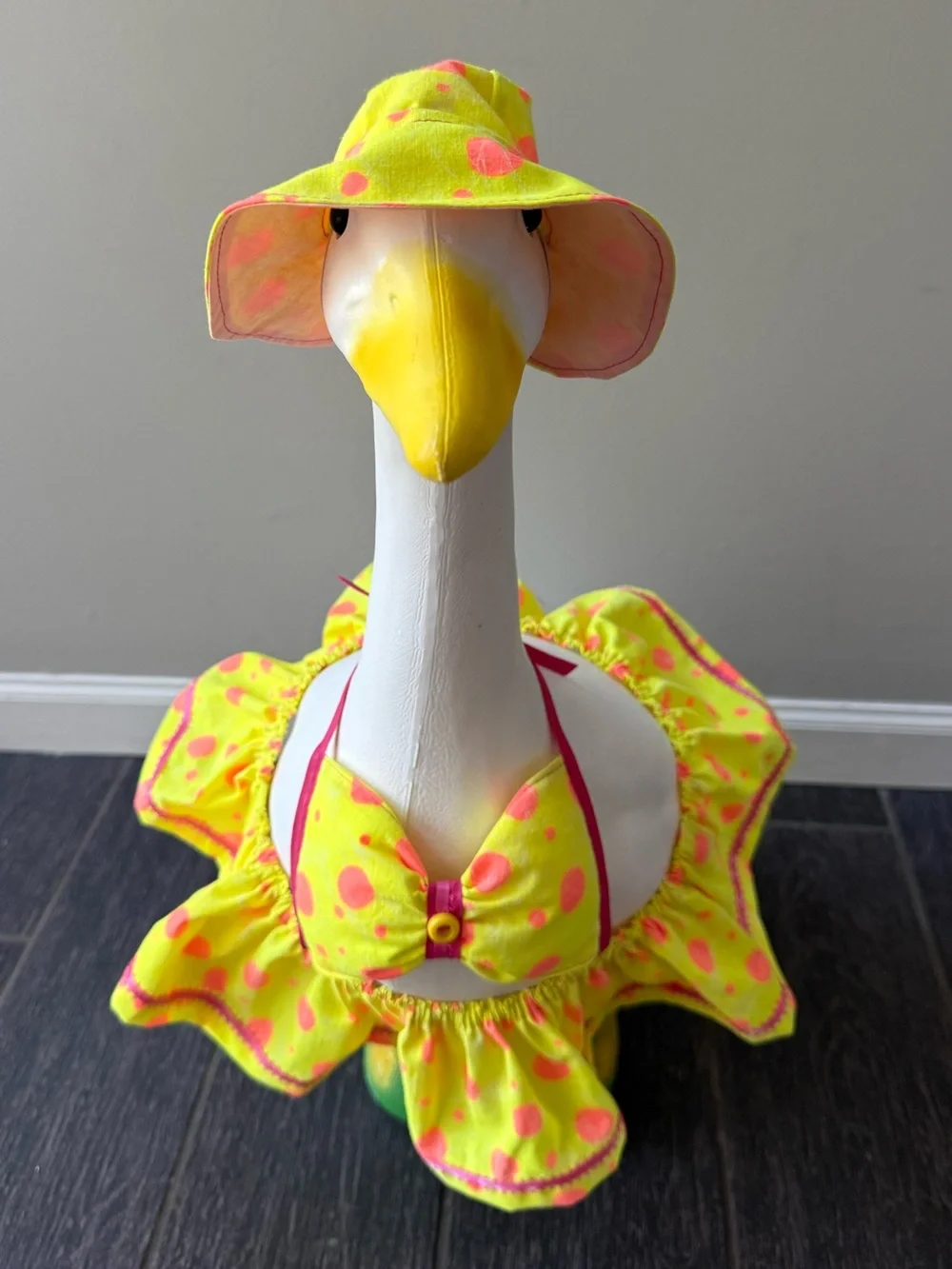 Yellow & pink polka dot bikini with hat for 23” porch goose